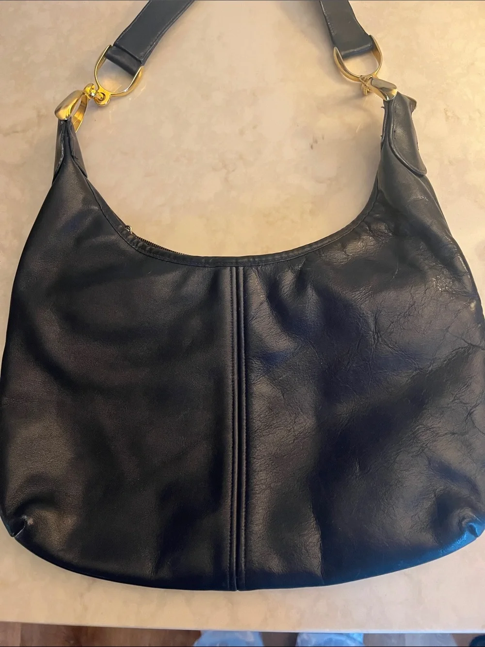 Vintage Morris Moskowitz Deep Navy leather Hobo Shoulder Bag Purse gold hardware
